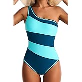 EVOCRCO One Shoulder One Piece Swimsuit for Women Tummy Control Bathing Suit Color Block Swim Suit Shell Stitched Swimwear
