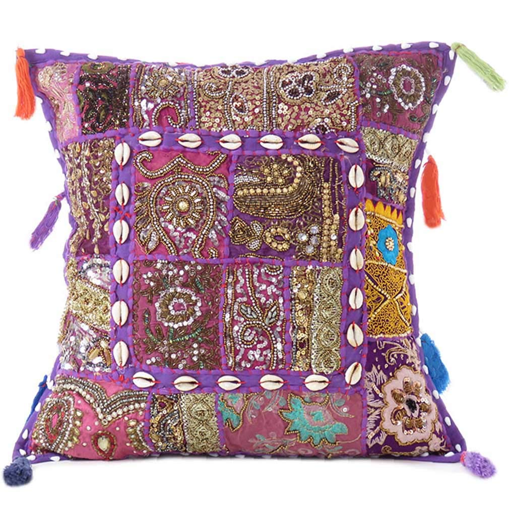 Eyes of India Decorative Patchwork Boho Throw Pillow Cover, Colorful Cushion Case for Sofa Couch, Bohemian Handmade Accent Bedroom Living Room, 20x20 inch (50x50 cm), Purple
