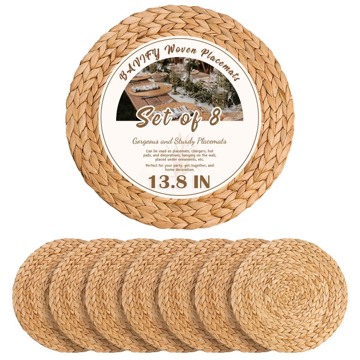 Photo 1 of 13.8 in Round Boho Placemats Table Mats Set of 8, Farmhouse Rustic Woven Plate Charger for Dinner Plates, Rattan Jute Wicker Braided Place Mats Chargers for Dining Table Decor