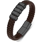 YL Braided Leather Mens Bracelet, 18K White/Yellow Gold/Rhodium Plated Stainless Steel Black/Brown/Red/Green Cuff Military Hero Punk Handcrafted Jewelry Gifts for Women