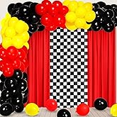 SmoothNovelty 57 Pcs Race Party Decorations 2 Red and 1 Black and White Grid Curtains 50 Car Theme Balloons with Accessories for Cars Theme Birthday Party Photo Supplies