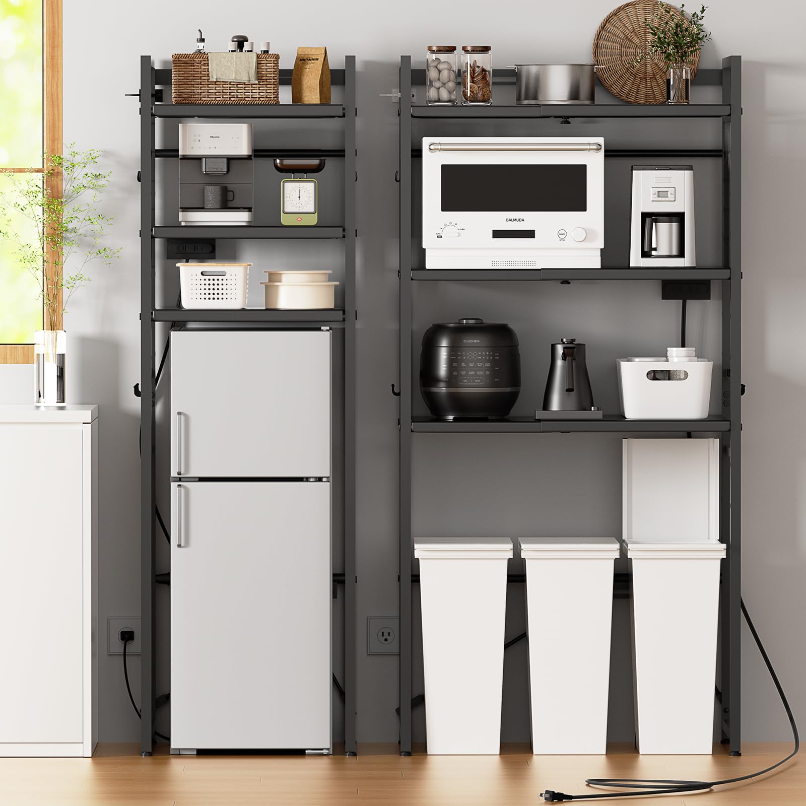 ゴミ箱上ラック YDH キッチンラック 冷蔵庫 キッチン 棚 ゴミ箱 ランドリー W50～80×D42×H170cm洗濯機ラック レンジ棚 耐荷重90kg 高さ13段階調節 大型電子レンジ対応 フック12個付き 頑丈 食器棚 炊飯器 (ブラック)