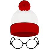Helimoto Halloween Costume Set, Red and White Stripes Hat Glasses Set, Halloween Beanie Black Glasses Costume Accessories