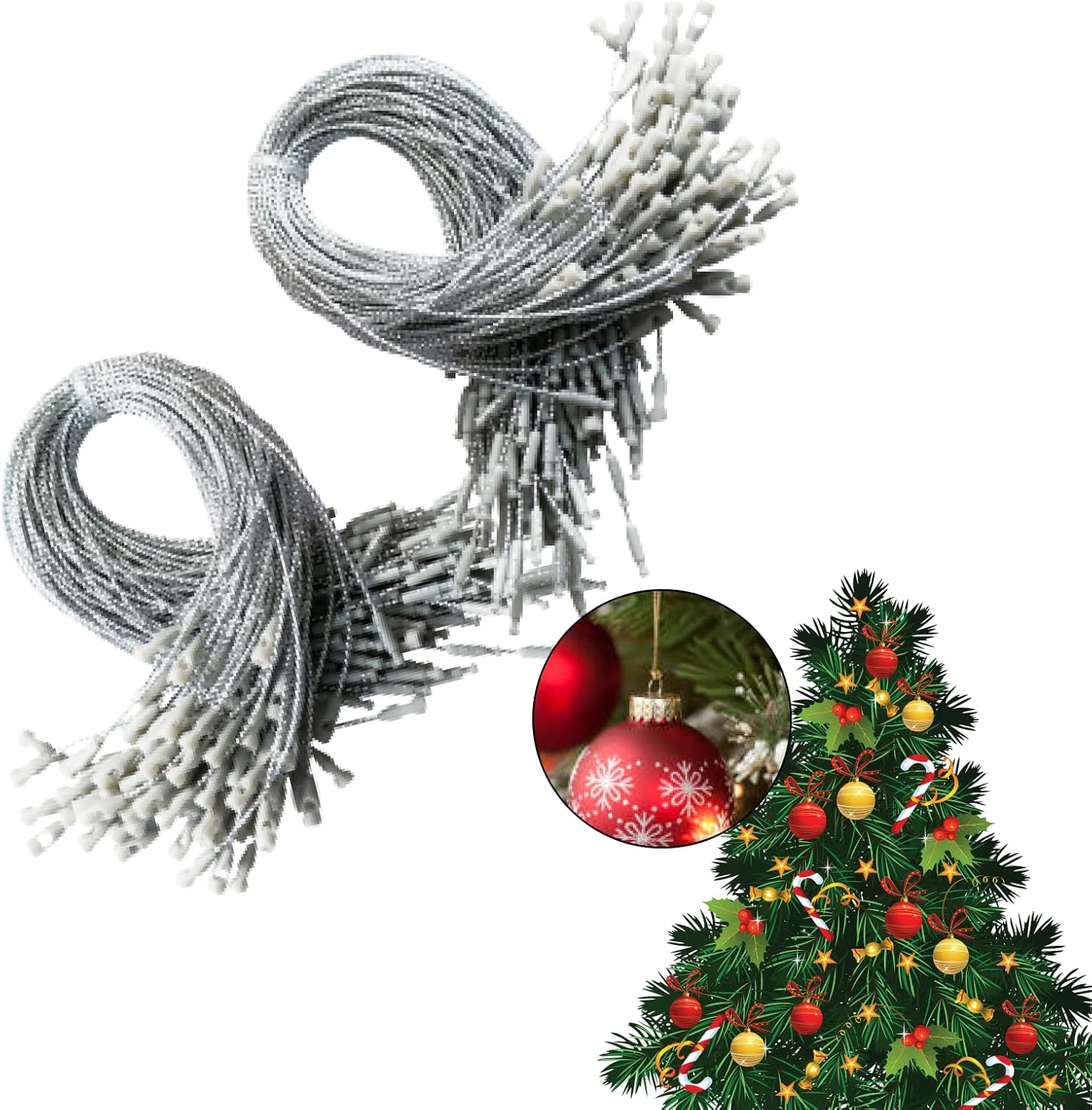 Ornament Hooks - Christmas Ornaments Hanger String Precut Hanging Ropes for Christmas Tree Ornament Decorations with Snap Fastener (200Pcs Sliver)