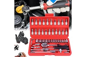 FETNHU Cordless Electric Slim Ratchet Set, Slim Rechargeable Ratchet, Power Ratchet Wrenches, Slim Electric Ratchet 3/8 Drive, Vessel Tools Ratchet Electric, Cordless Ratchet with 45 Adjustment Tools (Red)