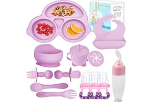 Silicone Baby Feeding Set,Miicasa Baby Led Weaning Supplies Kit With Suction Bowl & Car Plate, Bib, Spoon, Fork, Cup - Food-Grade Silicone, Dishwasher-Safe, No BPAs - For 3+ Months