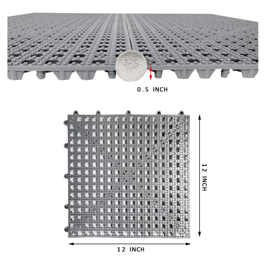 HYSA MAT Interlocking Non-Slip Tiles,12.5 x 12.5 inch PVC Flooring Deck Drainage Mats for Basement Swimming Pool Bathroom Boat Wet-Area，Grey，12-Pack