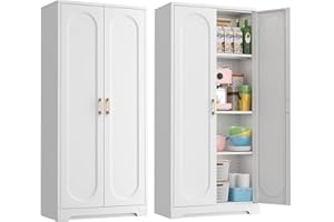 Kubohogar White Pantry Cabinet with Doors, 66" Tall Metal Pantry Cabinet with 3 Adjustable Shelves and Gold Handles, Kitchen Cupboard for Kitchen, Dining Room, Office