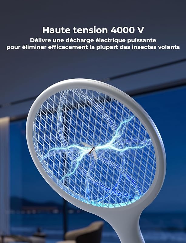 Raquette Electrique Insectes, Raquette Anti Moustiques Électrique 4000 V 1500 mAh Rechargeable avec Base Stable Contre Moustiques Mouches Insectes Volants, Blanc