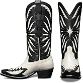 KISTANIA Western Cowboy Boots for Women Mid Calf Knee High Black Cowgirl Boots Square Toe Low Heel Distressed Western Pointed Toe Chunky Block Heel Pull-On Leather Black Booties Size 8