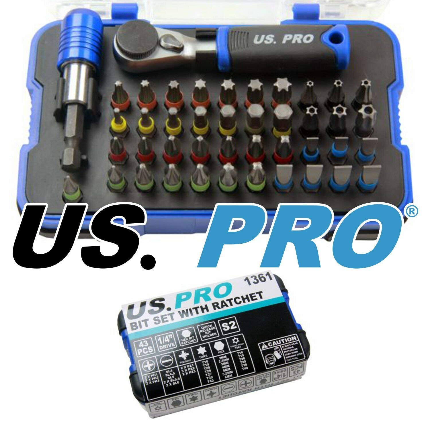 US PRO 43PC Bit Set with Hex Bit Ratchet 1361