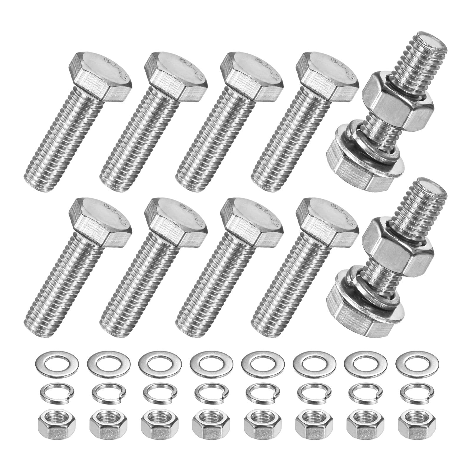 M METERXITY 10-Pack Hex Head Screw Bolt with Nuts Flat & Lock Washers M10x35mm Stainless Steel Bolts and Nuts Kit Fully Threaded Metric Bolt Assortment for Equipment/Machinery