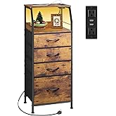 WLIVE 4 Drawer Dresser for Bedroom, 37" H Nightstand with Charging Station and Led Light, Tall Night Stand Bed Side Table, End Table with USB Ports and Outlets, Fabric Bins, Wood Shelf, Rustic Brown