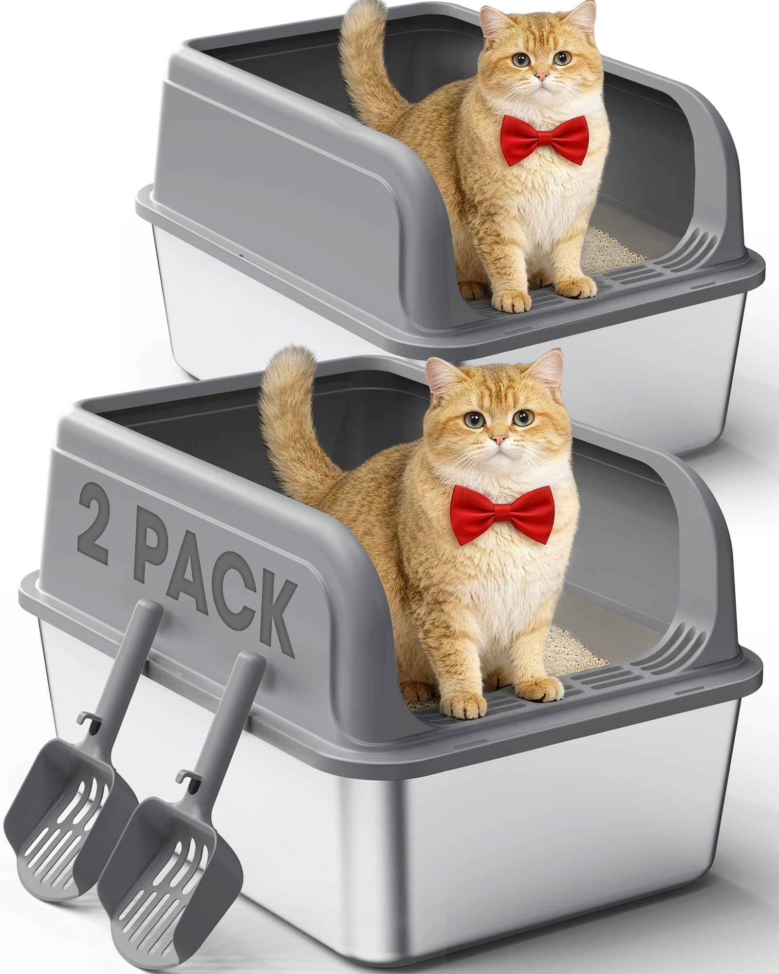 Photo 1 of 2-Pack Stainless Steel Cat Litter Box for Kitty with Scoops, Non-Stick & Easy-to-Clean Metal Cat Litter Box with Leakproof Enclosure, Grey