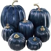 Winlyn 7 Pcs Assorted Sizes Navy Blue Artificial Pumpkins Decorative Dark Blue Pumpkins Faux Foam Pumpkins for Gifts Fall Baby Shower Thanksgiving Halloween Table Centerpiece Shelf Mantel Decoration