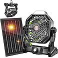 20000mAh Solar Fan with LED Lantern, Camping Fan with Solar Panel, 7W Rechargeable Powered for Outside, Quiet Battery Operated Tent Fan for Picnic, Barbecue, Fishing, Travel