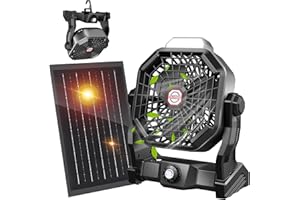 JINLICTE 10400mAh Solar fan, Camping Fan with Solar Panel, 7W Rechargeable Solar Powered Fan for Outside, LED Lantern, Stepless Speed and Quiet Battery Operated Tent Fan for Picnic, Barbecue, Fishing, Travel