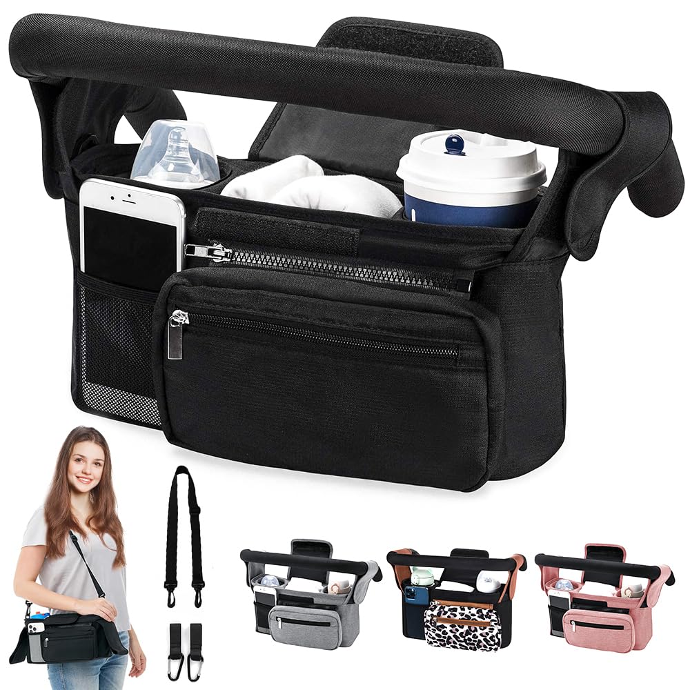 HINATAA Baby Pram Bag Stroller,Baby Stroller Organizer- Detachable Phone Bag & Shoulder Strap, 2 Insulated Cup Holder,Buggy Organiser Bag with Shoulder Strap&Non-Slip Secure Hooks (Black)