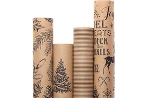 Ribbli Christmas Wrapping Paper, Vintage Christmas Style, 30 inch x 120 inch(10ft) Per Roll, Total 4 Rolls, Brown Kraft Paper with Black Pattern