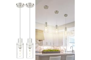 Emak Brushed Nickel Pendant Light Fixtures, Modern Mini Pendant Lights Kitchen Island with Clear Glass Shade, 2 Pack Hanging Light for Kitchen, Bathroom, Bedroom, PL120-BN-2PK