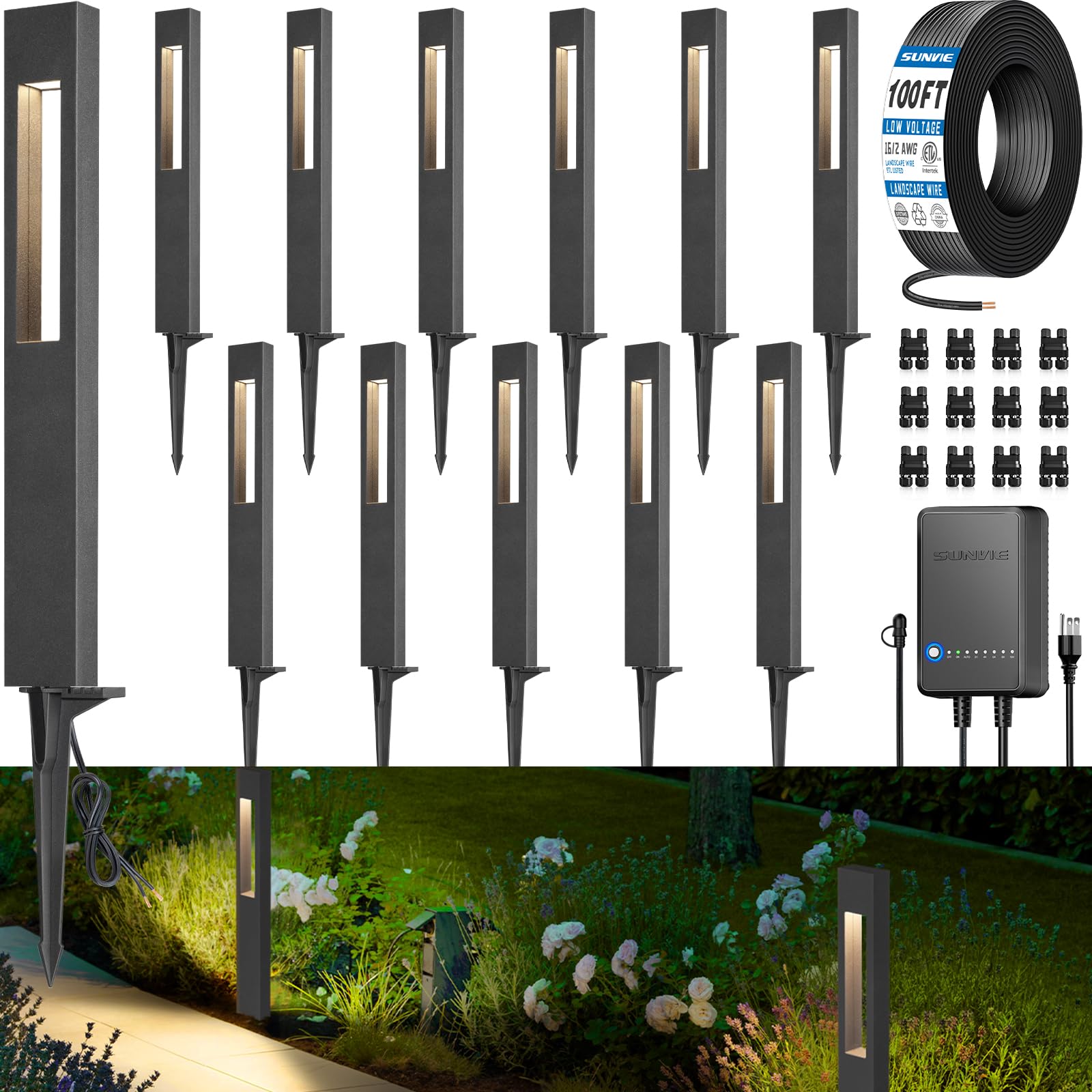 Photo 1 of SUNVIE All-In-One LED Low Voltage Landscape Lighting Kit 12 Pack Low Voltage Pathway Lights with 60W Transformer ETL Listed 100FT Wire for Path Garden, Waterproof Pathway Lights Wired, 3000K, Aluminum