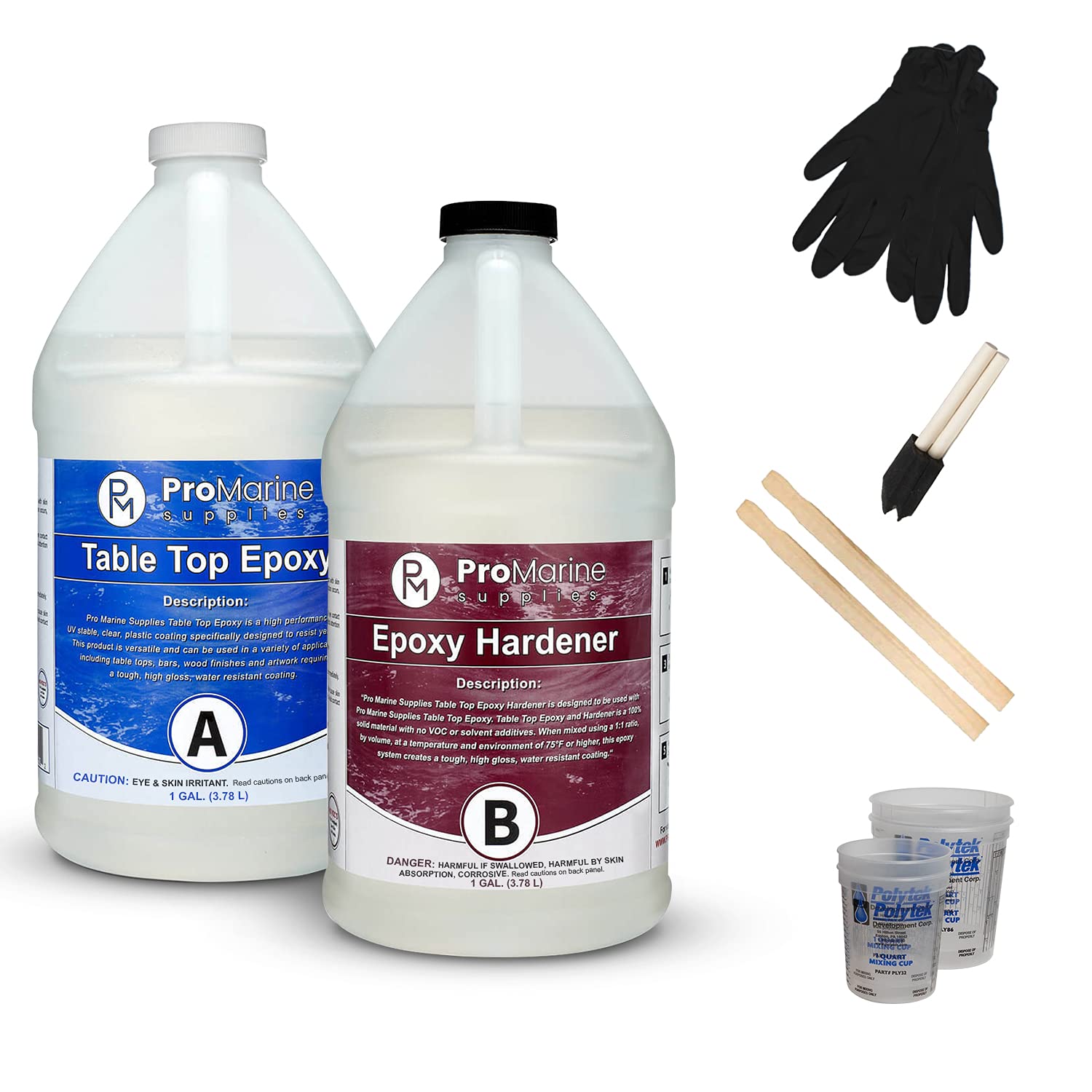 Pro Marine Supplies Crystal Clear Table Top Epoxy Resin & Hardener (2-Part 2 Gallon Combined Kit) with Cups, Brushes, Gloves, Sticks | UV-Resistant Gloss Coating for DIY Bar, Countertops, Woodworking: Industrial & Scientific