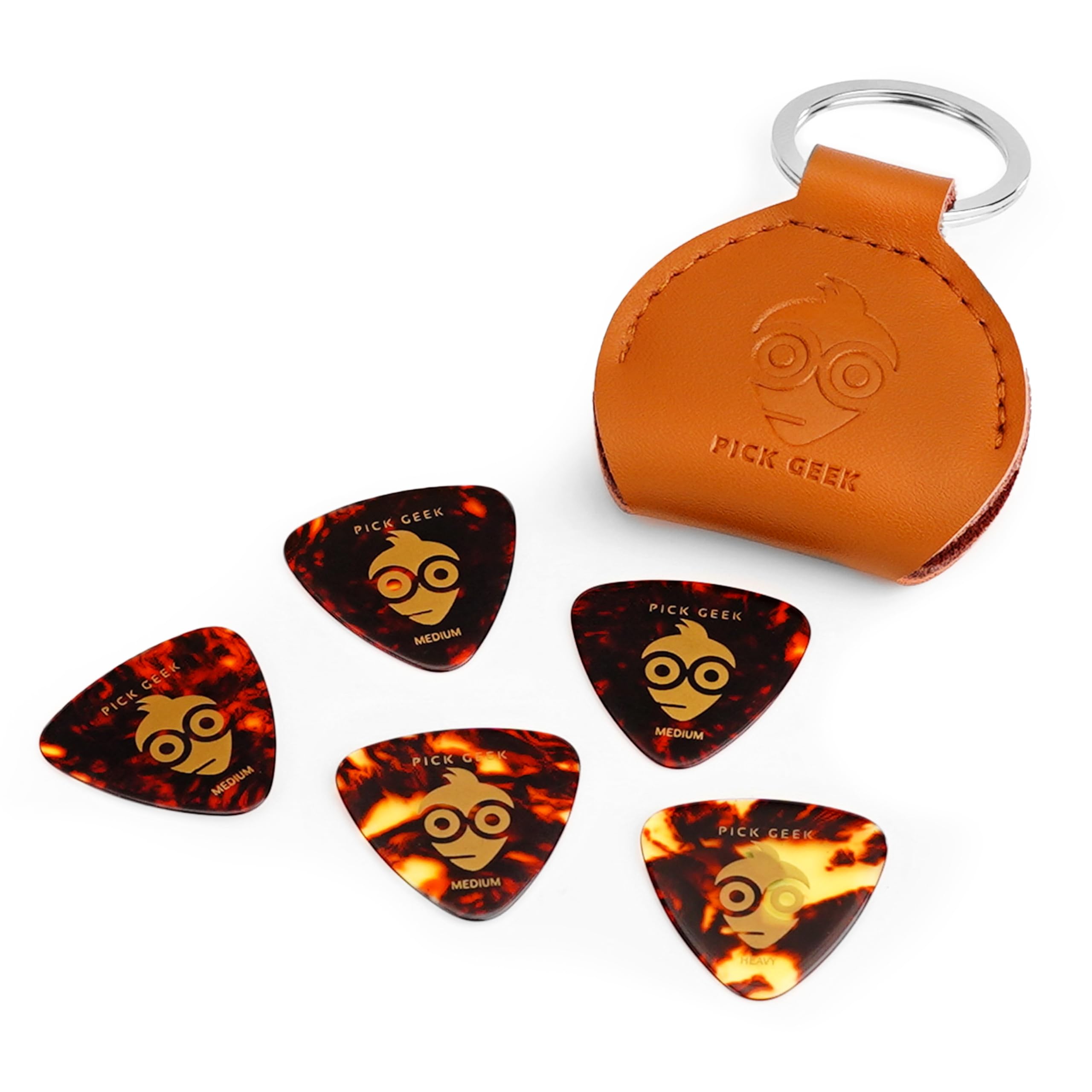 Pick Geek Leather Pick Holder Keyring | 100% Handmade Real Leather | Light Brown | Includes 5 FREE Pick Geek Celluloid Triangle Picks | Shipped in a Kraft Gift Box