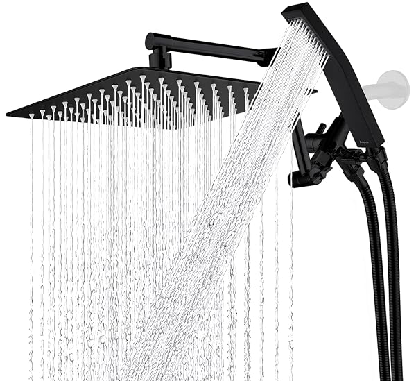 G-PROMISE ALL METAL 10 INCHES RAINFALL SHOWER HEAD WITH HANDHELD SPRAY COMBO, 3 SETTINGS DIVERTER, ADJUSTABLE EXTENSION ARM WITH LOCK JOINTS, 71 INCHES STAINLESS STEEL HOSE (MATTE BLACK)