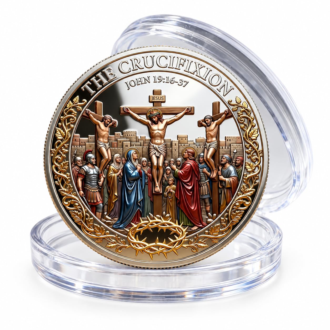 The Crucifixion of Jesus Christ Commemorative Coin, Jesus Christian Challenge Coin with Crown of Thorns - Double-Sided Empty