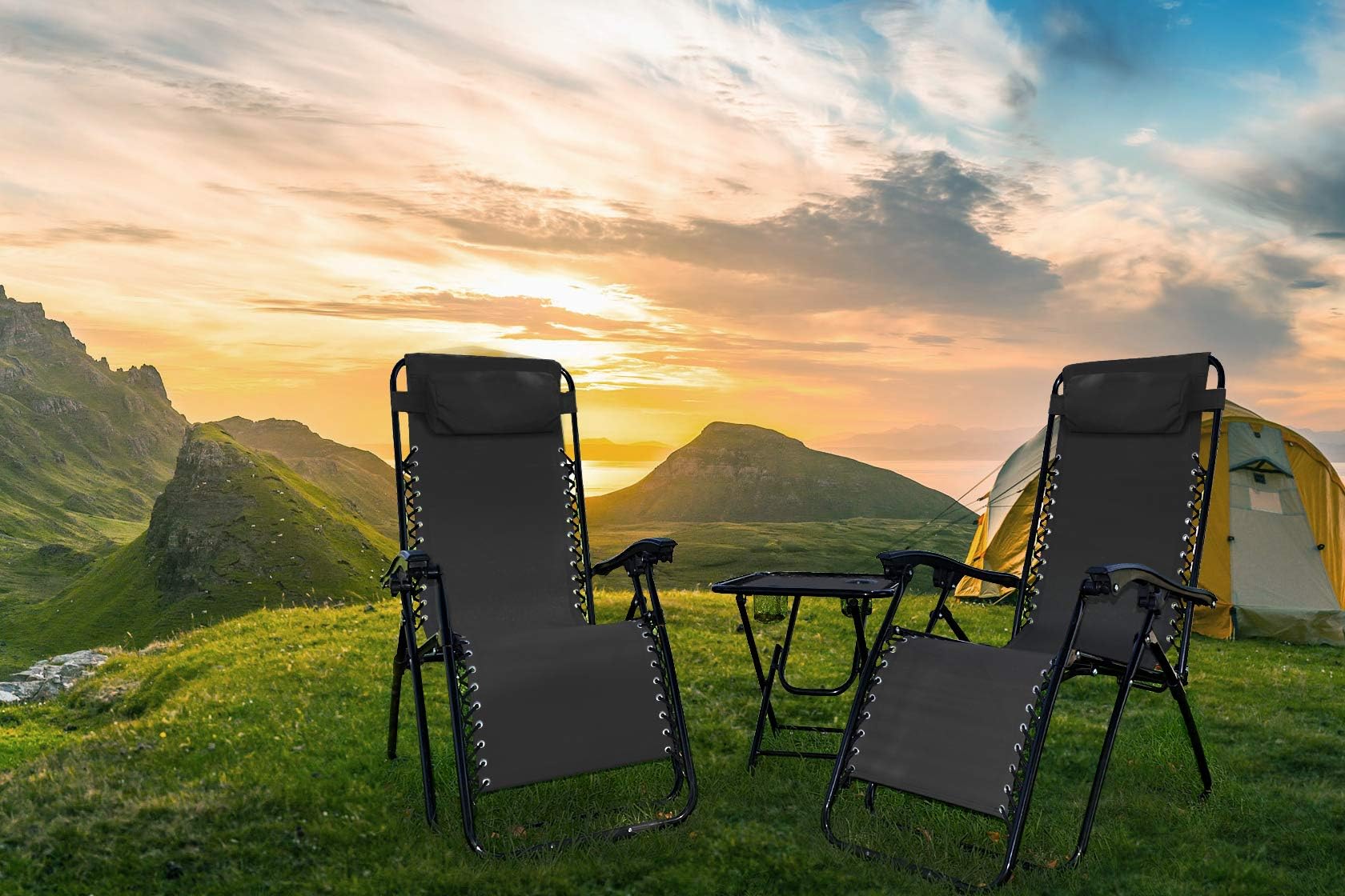 RxmotoZero Gravity Chairs Table with Cup Holder Set 3 Pieces Adjustable Folding Lounge Recliners with Head Rest Pillow for Patio Outdoor Yard Beach Pool Support 350lbs (Black.)