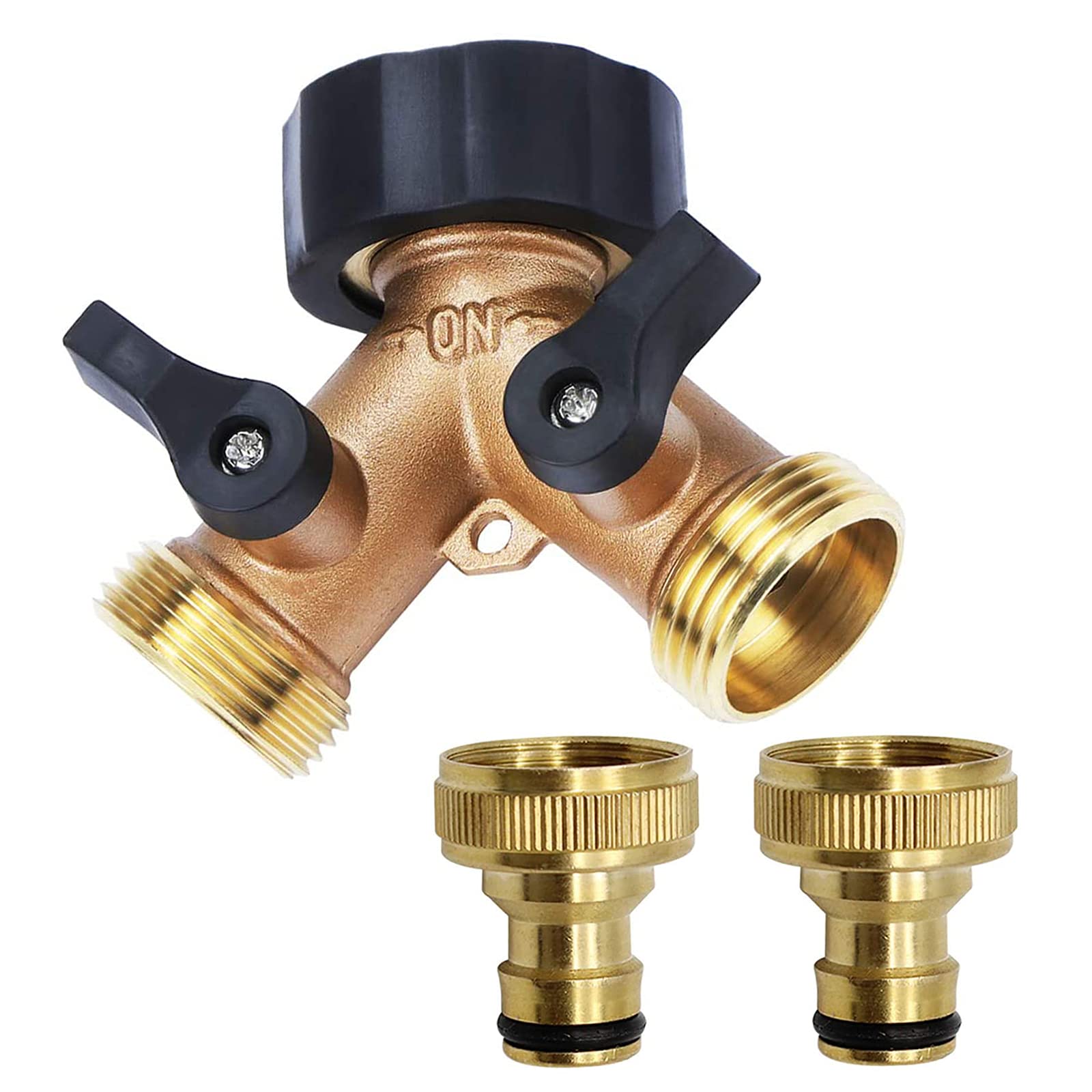 Tesmotor 2 Way Garden Hose Splitter, 2-Way Tap Connector with Individual On/off and Two Quick Connector, 3/4" Tap Y Splitter Brass Hose Connector