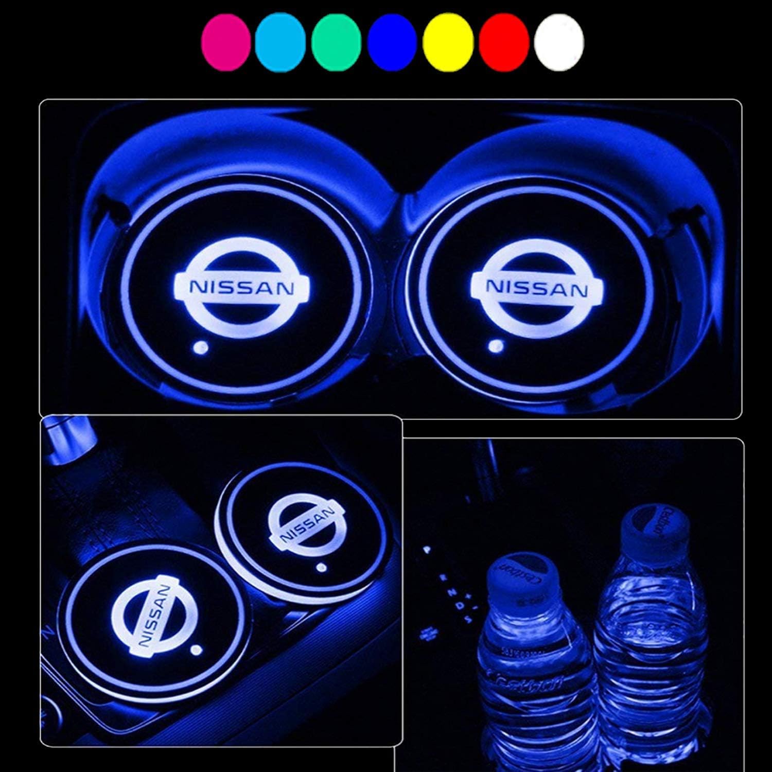 Aswelly LED Car Cup Holder Lights for Nissan, 2PCS Car Logo Cup Coaster with 7 Colors Changing USB Charging Mat, Luminescent Cup Pad Interior Atmosphere Lamp Cool Car Accessories