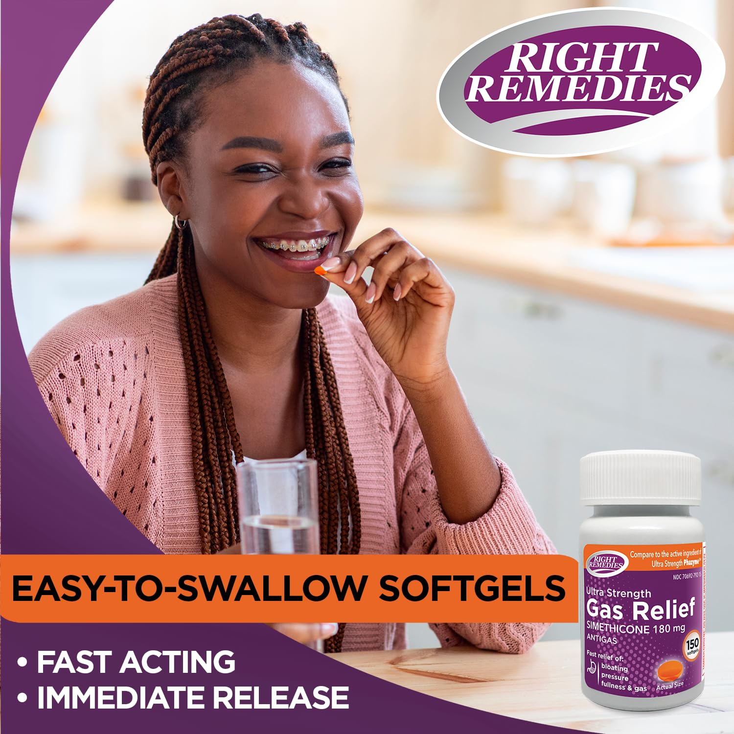 RIGHT REMEDIES Gas Relief Ultra Strength, 180mg Simethicone (150 Softgels) Fast Relief from Gas, Bloating, Fullness, Painful Discomfort, Compare to Ultra Strength Phazyme Active Ingredient