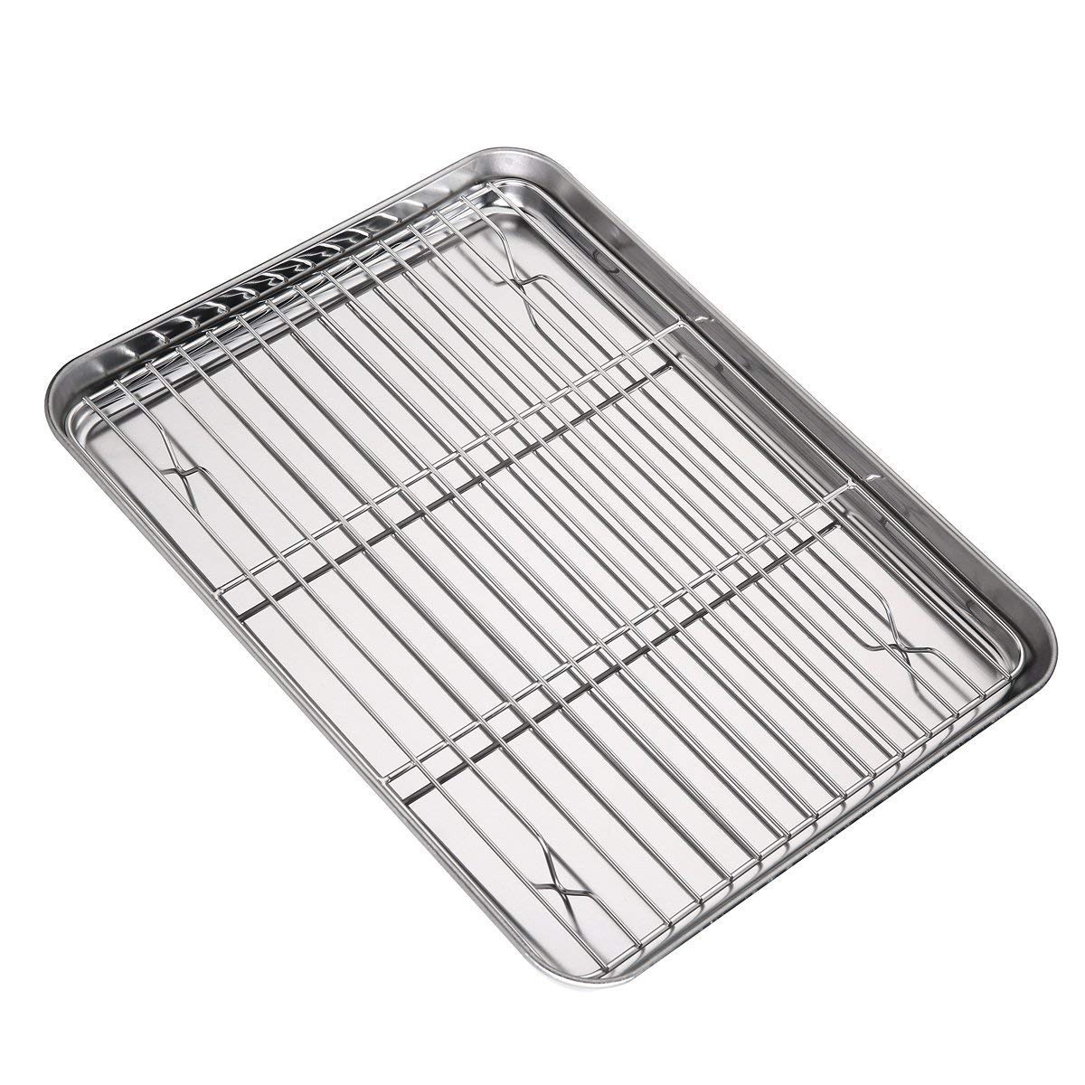Nonstick Baking Sheet with Rack Set, Toaster Oven Tray Pan Stainless Steel Cookie Sheet with Cooling Rack Baking Pans Rectangle Size 12.2 x 9.6 x 1 inch, Non Toxic, Easy Clean & Dishwasher Safe