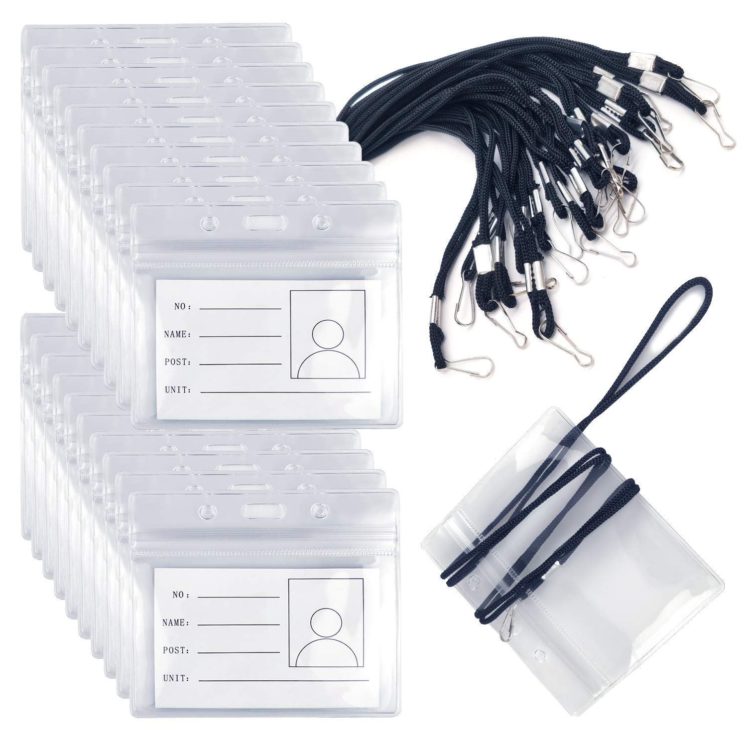 20 Pcs Clear Plastic Id Card Holder with 20pcs Lanyard Card Holder, Sealable Waterproof Name Badge Holders for Id Cards, Office, School (Landscape Version)
