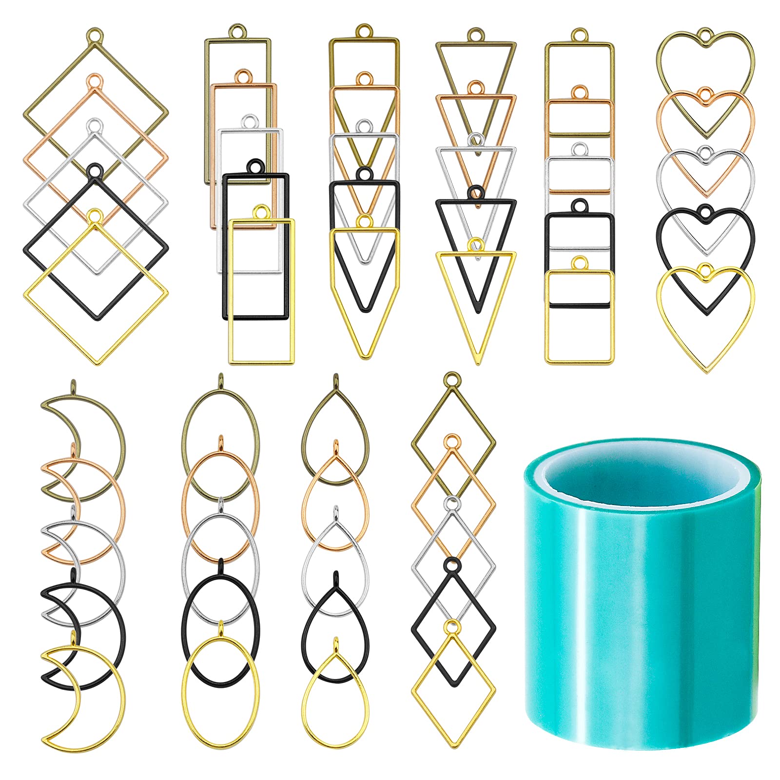 MAOYPANAMERA 51 Pcs Open Bezel Frame Pendants Charm Geometric Hollow Trays, Open Back Pendants Molds, Assorted Shape Alloy Blanks Mold with 1 Roll of Seamless Tape for Resin Casting, DIY Crafts Making