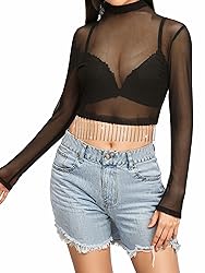 MYMORE Womens Sparkly Rhinestone Fringe Tassel Mesh
