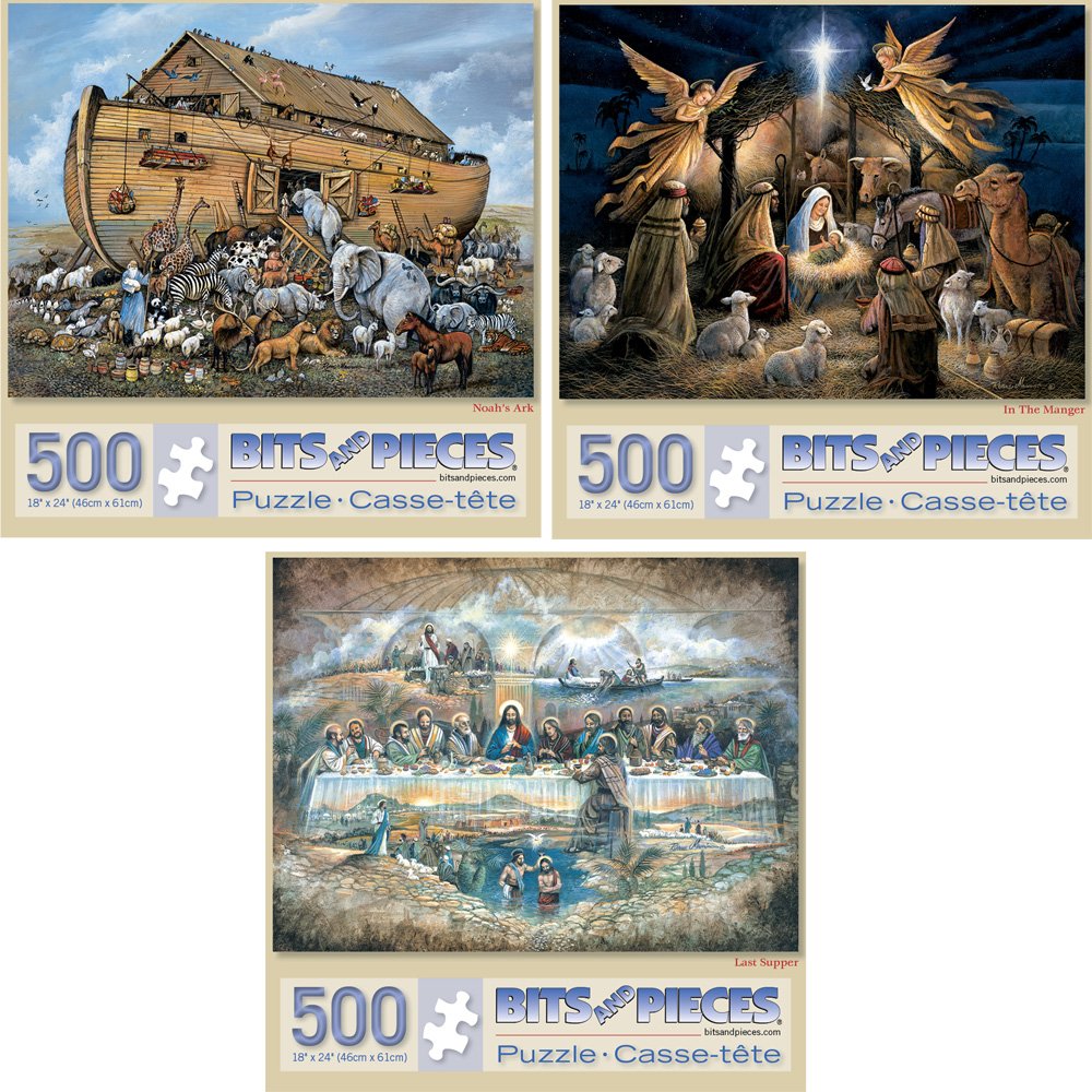 Photo 1 of Bits and Pieces – Value Set of Three 500 Piece Jigsaw Puzzles for Adults – Noah's Ark, Last Supper, in The Manger - Religious Scenes Jigsaw Puzzles by Artist Ruane Manning 