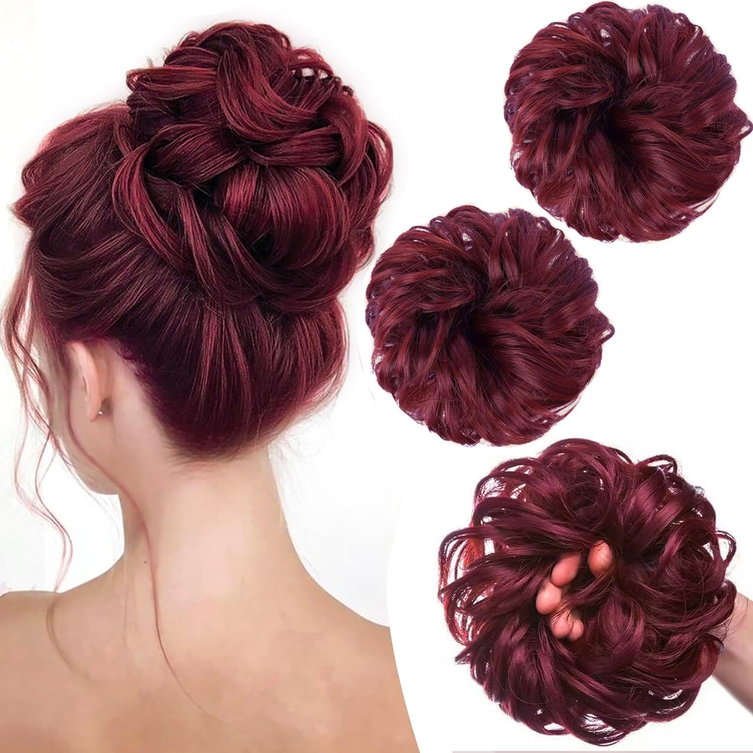 PORSMEER 2 pieces Messy Hair Buns Extensions Curly Wavy Elastic Easy Scrunchies for Women Girls Large Synthetic Donut Updo Hair Pieces Hair Chignons Red