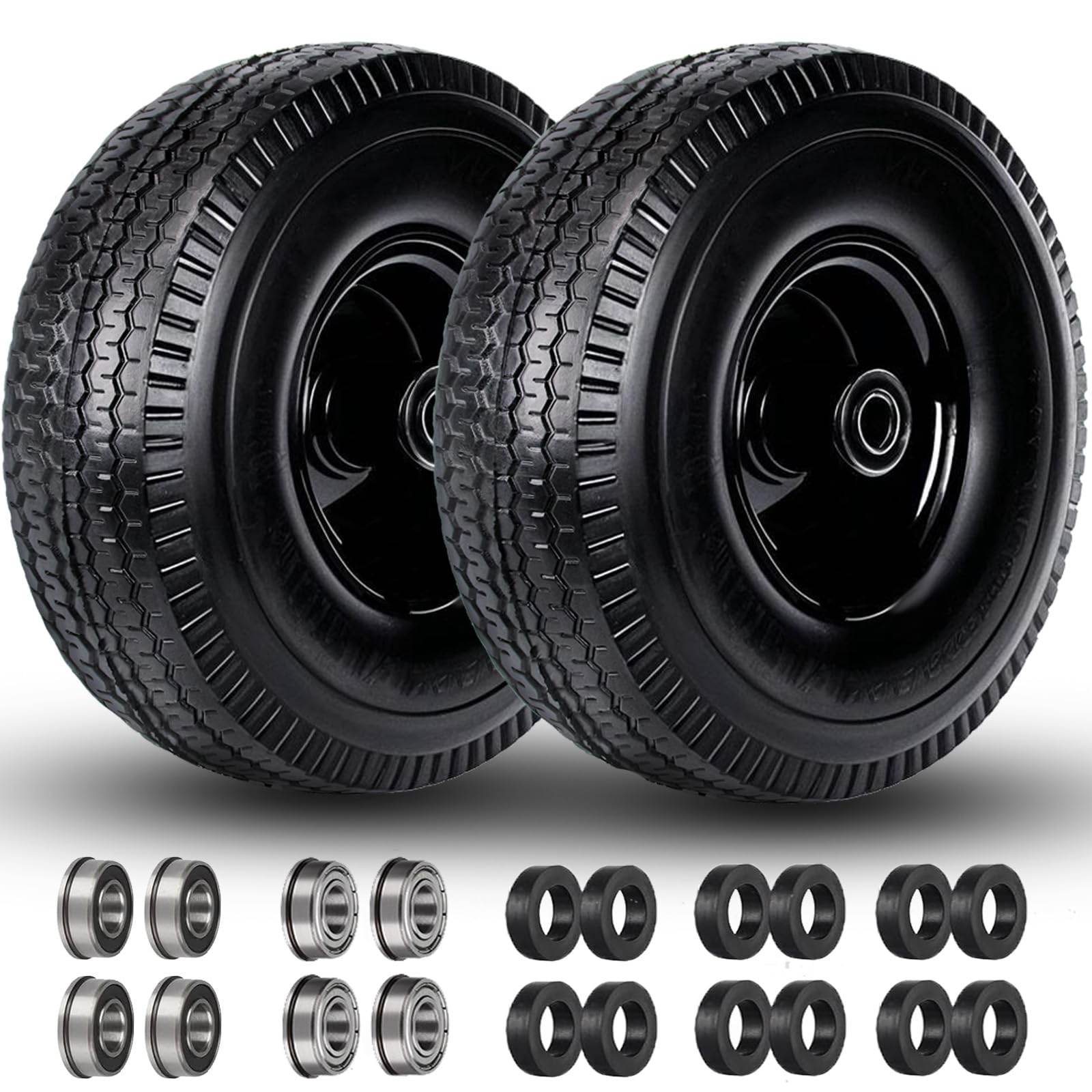 Photo 1 of 4.10/3.50-4" Flat Free Tire and Wheel, 10 Inch Solid Tire with 5/8" Axle Bore Hole with 3/4" & 1/2" Extra Bearings, 2.2" Offset Hub for Wheelbarrow, Wagon, Gorilla Cart, Dolly, Hand Truk, Generator