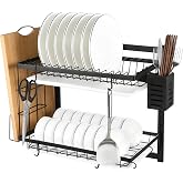 OriArc Large 2-Tier Wall Mount Dish Rack with Adjustable Heights - Carbon Steel Frame Holds Cutting Board &amp; Utensils, Drip Tray, Easy No-Drill Install, Black