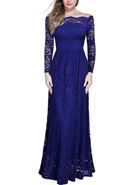 Miusol Schulterfrei Spitzen Langes Abendkleid Party Langarm Brautjungfer Damen Kleid