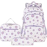 goldwheat Daisy Printed Backpacks With Lunch Pack Pencil Case 3pcs, Lightweight Water Resistant Bookbag For Middle School