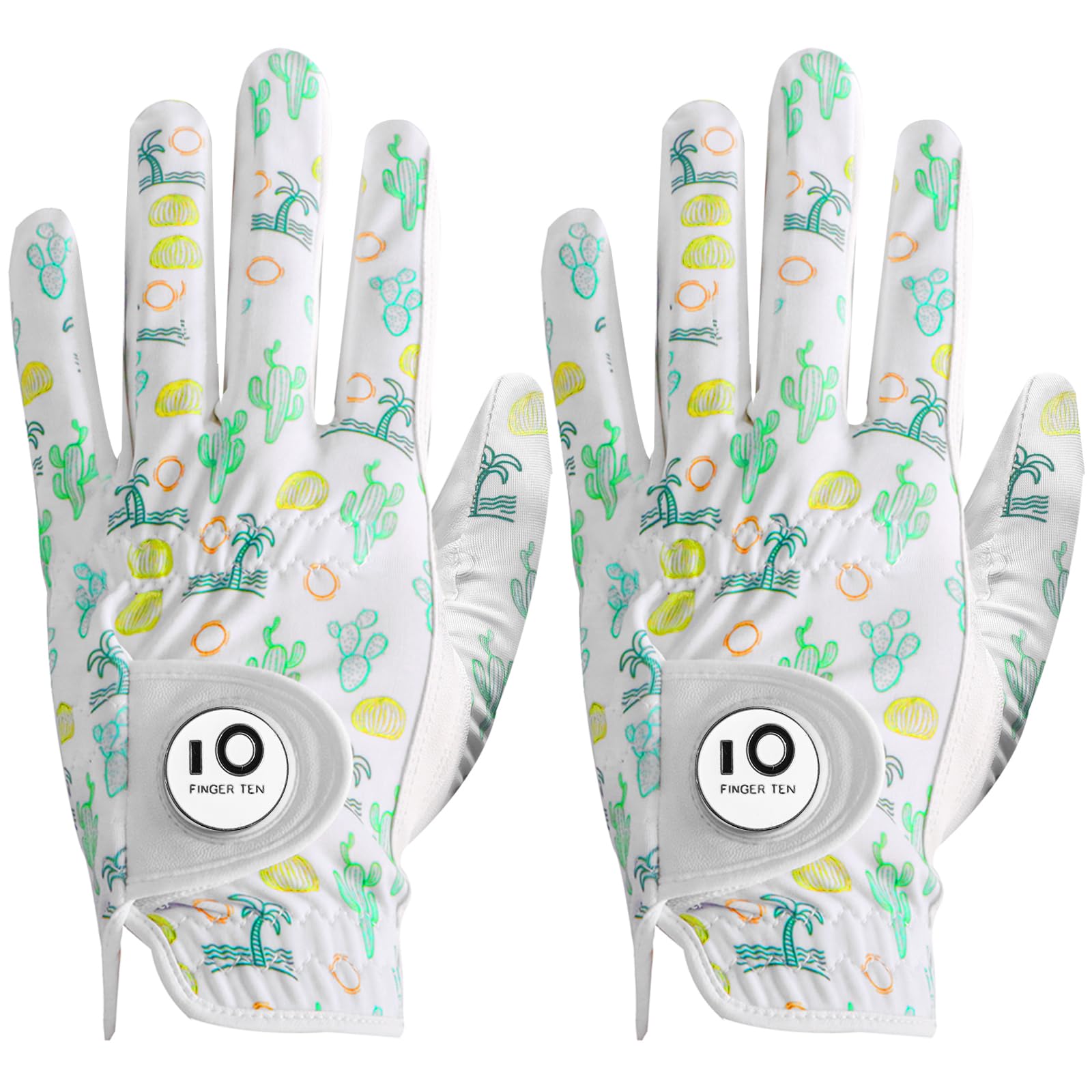 FINGER TEN Golf Gloves Men Left Hand Right Leather With Ball Marker Printed Grip 2 Pack, Mens Golf Glove All Weather Weathersof (M, Worn on Left Hand- Green)