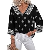 SHEWIN Womens Summer Tops Casual Retro Print V Neck 3/4 Sleeve Boho Vacation Blouses Shirts