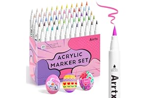 Arrtx 60 Colors Paint Markers Paint Pens, Acrylic Paint Pens for Artists Adults Coloring Drawing Cartoon Anime Comic - Brush Tip for Rock Painting, Wood, Canvas, DIY Crafts Making Art Supplies-60B