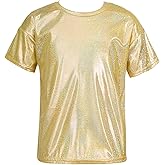 DRHOM Kids Boys Girls Metallic Shiny T-Shirt Jazz Hip Hop Dance Tops Short Sleeves Loose T-Shirt for Performance Costume