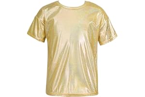 DRHOM Kids Boys Girls Metallic Shiny T-Shirt Jazz Hip Hop Dance Tops Short Sleeves Loose T-Shirt for Performance Costume
