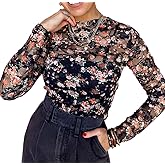 dsumvns Women's Mesh Tops Bow Sexy Long Sleeve See Through Slim Fit Y2k Lace Shirts Crew Neck Sheer Pullover Blouse