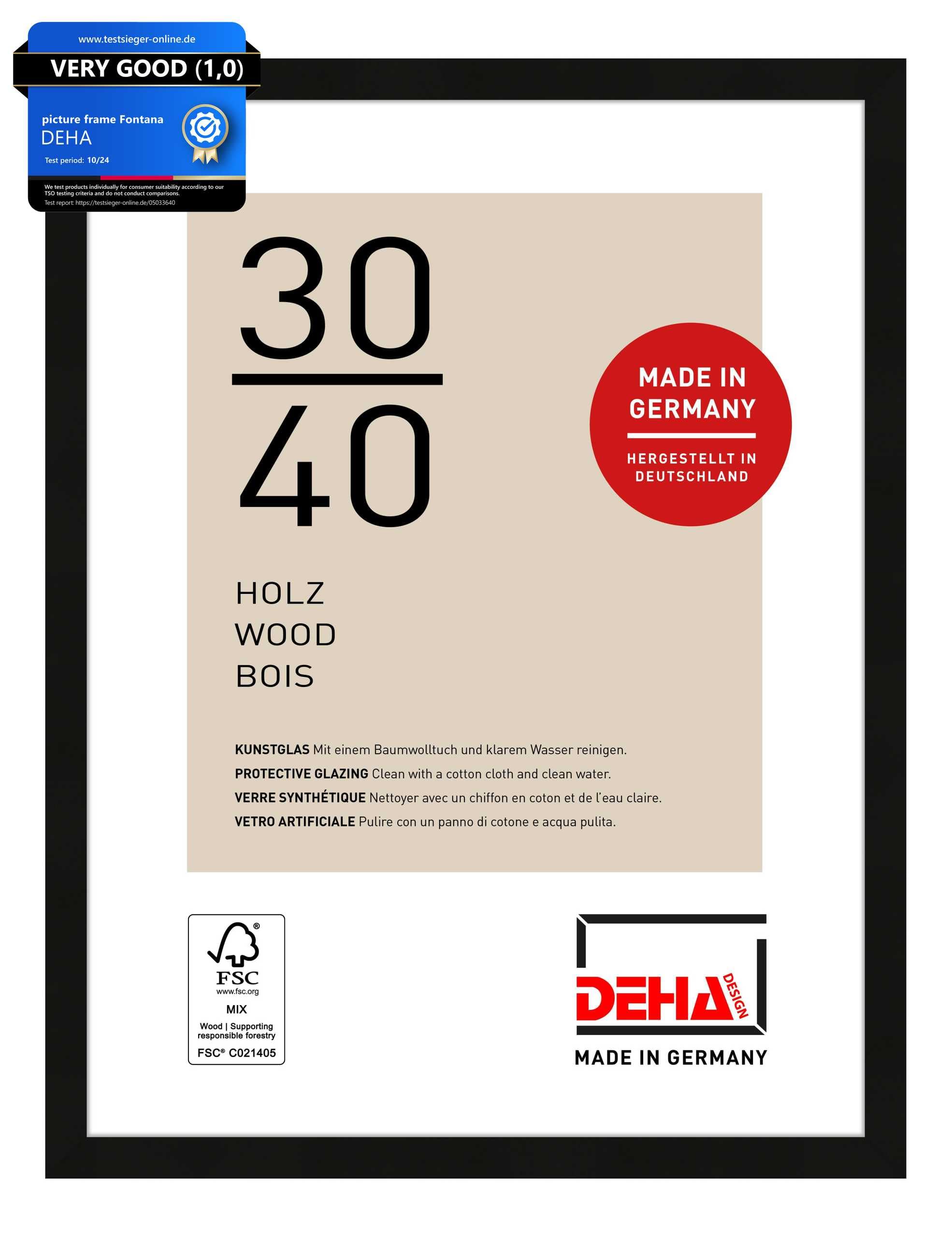 DEHA Design Fontana Wooden Picture Frame - 30x40 cm – Black - with Synthetic Glass and Push/Turn Clips